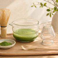 Ensemble de thé matcha en verre côtelé transparent de haute qualité avec bec verseur et support pour fouet, bol transparent pour les débutants en matcha