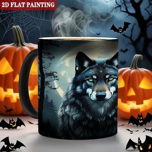 Tasse en céramique 11oz noire givrée, mug à changement de couleur activé par la chaleur, motif loup, peinture 2D plate - Product Image 6