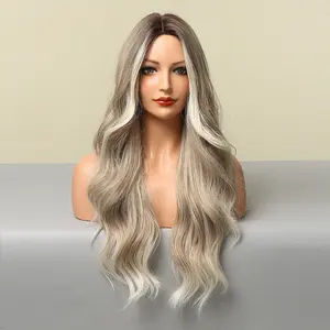 Fashion Natural Color Long Blonde Fiber Wigs Were A Light Gray Large Waves For White Women