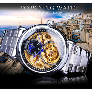 FORSINING S1125 <span class=keywords><strong>Orologio</strong></span> Scheletrato Bianco Dorato con Lancette Blu, <span class=keywords><strong>Orologio</strong></span> Meccanico da <span class=keywords><strong>Uomo</strong></span> in <span class=keywords><strong>Acciaio</strong></span> Inossidabile, Design Impermeabile - Product Image 5