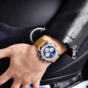 Reloj Cronógrafo para Hombre Benyar, Reloj Deportivo de Cuarzo con Esfera Azul, Correa de Cuero, Resistente al Agua, Luminoso, con Tacómetro - Product Image 4