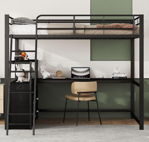 Cama de <span class=keywords><strong>dos</strong></span> niveles con <span class=keywords><strong>escalera</strong></span> negra y barandilla antideslizante, la sección inferior tiene cajones y un escritorio. Ideal para dormitorios. - Product Image 4
