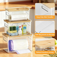 Boîte de rangement transparente avec couvercle en bambou pour cosmétiques, articles de toilette, rangement de bureau, rangement domestique