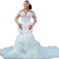 Robes de mariée africaines personnalisées à volants pour femmes noires, style sirène, manches longues, ornées de perles