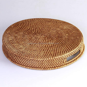 Juego de 2 bandejas redondas de ratán marrón ecológicas multifuncionales con asas para servir, cestas de frutas para cocina y almacenamiento en lavandería - Product Image 5