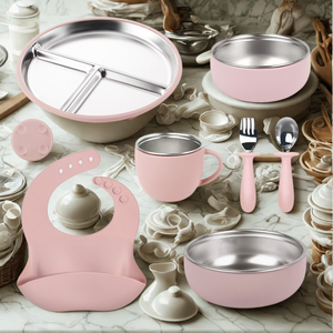 Non-Slip #304 <span class=keywords><strong>Stainless</strong></span> <span class=keywords><strong>Steel</strong></span> Silicone Baby Feeding Set Com Sucção Dividido Placa <span class=keywords><strong>Bowl</strong></span> Spoon Fork Bibs para Infantil - Product Image 5