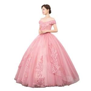 Off The Shoulder Pink Tulle Ball Gown For Women Stage Performance Dress With Floral Embroidery Long Evening Gown - Product Image 5