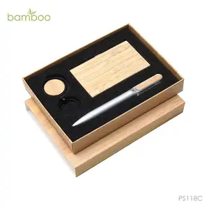 Pena Bola Bambu Promosi Nama Bambu Tempat Kartu dan Gantungan Kunci dengan Kotak Hadiah Eco Set