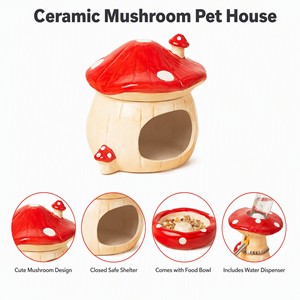Casa de Cerámica para Hámster con Diseño de Champiñón, Roja con Puntos, Cueva para Mascotas Pequeñas con Tazón de Comida y Botella de Agua para Cobayas y Hámsteres Enanos - Product Image 4
