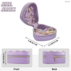 Custom Logo Hawaii Flower Checked Portable PU Leather Travel Accessory <b>Small</b> <b>Storage</b> Organizer Purple Heart-shape Jewelry <b>Box</b> - Product Image 3