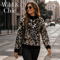 Pull en maille chic à imprimé léopard pour femme, col rond, manches longues, fente sexy au dos, avec bordure côtelée noire, OEM/ODM
