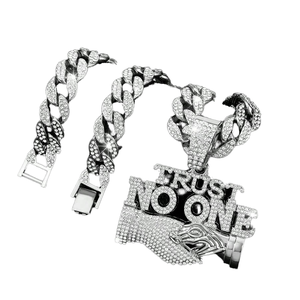 Men's Stylish <b>Cuban</b> <b>Link</b> <b>Chain</b> Handshake Design Rhinestone Pendant 'Trust No One' Letter Hip Hop Style Necklaces for - Product Image 1