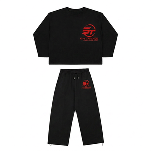 Conjunto Deportivo Transpirable Negro de Cinco Hilos, Top de Manga Larga con Cuello Redondo y Pantalones con Cordón, Ropa Casual para Hombre de Color Sólido - Product Image 1