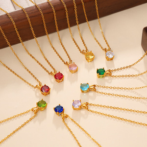 Collier pendentif rond en zircon plaqué or 18 carats en acier inoxydable, chaîne à maillons, bijoux tendance pour femmes - Product Image 1