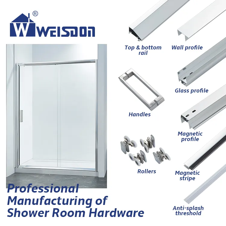 Weisdon Alumínio Deslizante Shower Room Screw Roller Handle Rail System Emoldurado Conjunto Completo Shower Door Hardware Sem Vidro