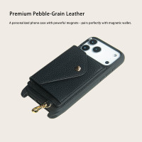 Étui portefeuille magnétique tendance en cuir grainé avec lanière pour iPhone 18 Pro Max – Robuste, personnalisable, pour grossistes OEM