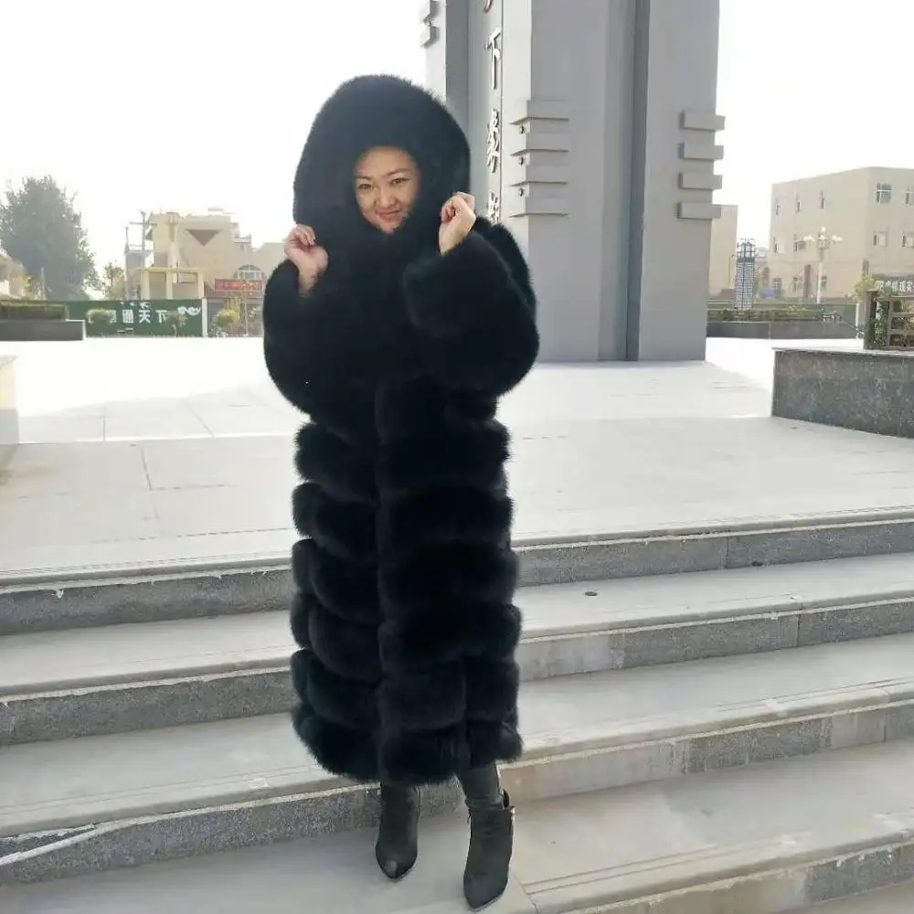 2019 Factory modern europe design winter warm black women hooded real fox fur coat