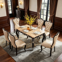 Ensemble de table à manger en bois massif de luxe de style européen, table à manger avec plateau en marbre et chaises en cuir PU pour la maison, la villa, l'hôtel, vente en gros
