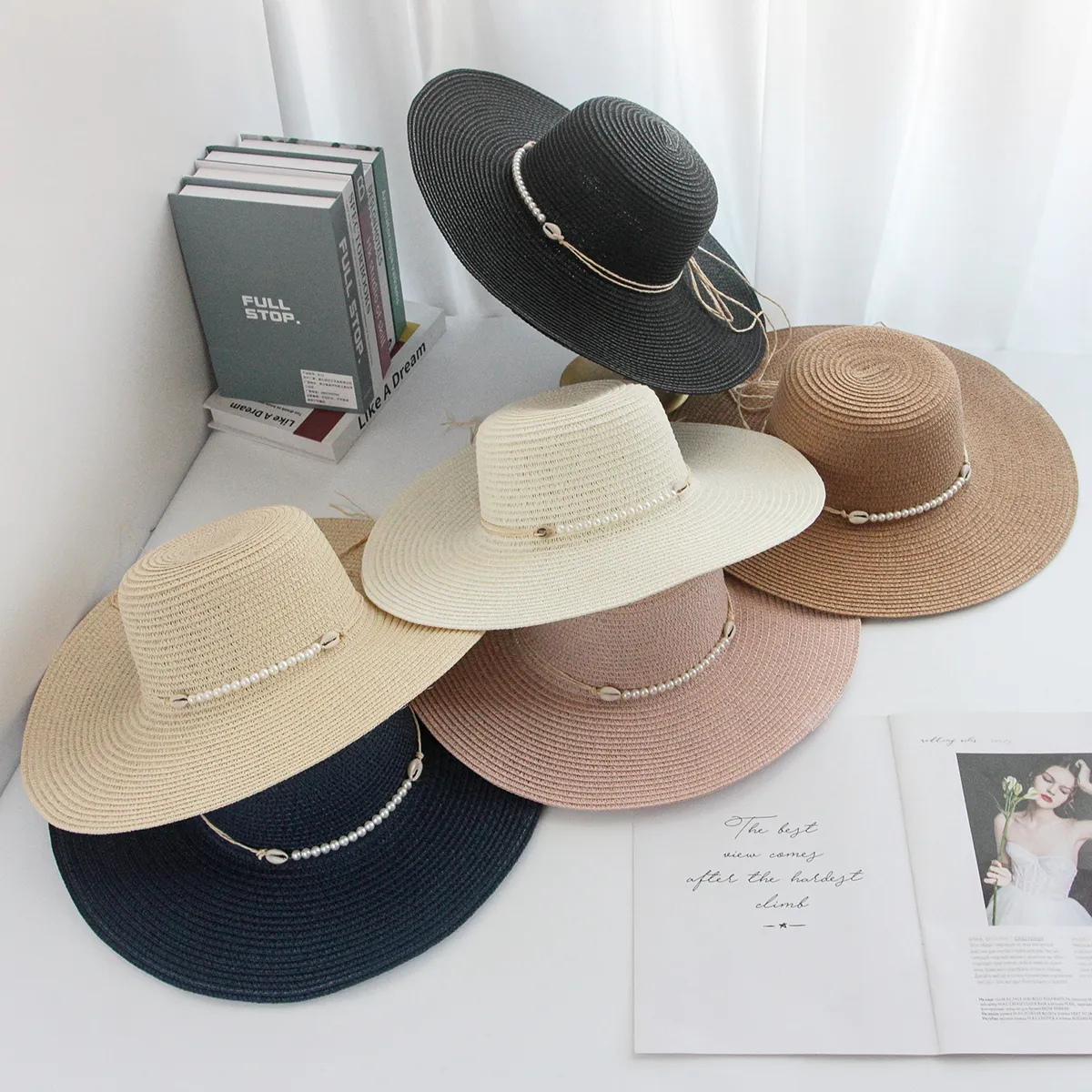 Fashion Summer Extra Brim Flat Top Floppy Shells Pearls Straps Bands Handmade Paper Straw Hats Custom Embroidery Anti- Sun Hat