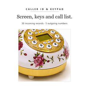 Téléphone fixe filaire vintage antique en céramique blanche avec motif de roses et cadran rotatif doré - Product Image 5