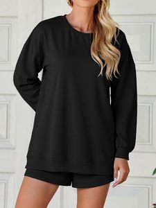 Conjunto de 2 piezas de sudadera y pantalones cortos de punto para mujer, cuello redondo, manga larga, color negro liso, corte holgado, ropa informal para todas las estaciones - Product Image 4