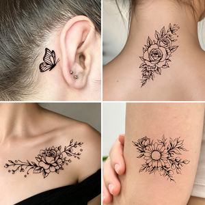 Lot <span class=keywords><strong>de</strong></span> 10 autocollants <span class=keywords><strong>de</strong></span> <span class=keywords><strong>tatouage</strong></span> temporaire noir à motifs floraux, style ligne artistique, roses, faux tatouages imperméables pour le corps - Product Image 3