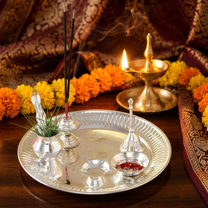 Ensemble de Thali Pooja en acier inoxydable de qualité supérieure pour les rituels traditionnels Ensemble de Thali Pooja en acier inoxydable décoratif parfait pour le culte - Product Image 4