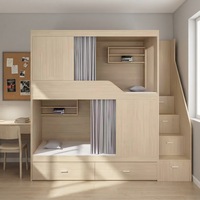 Lit superposé multifonctionnel en bois avec escalier de rangement et rideau d'intimité pour dortoir étudiant