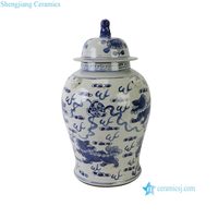 RXBN06-N Jarre de temple en porcelaine Chinoiserie bleu et blanc, motif lion Foo et Kylin, effet vieilli, avec couvercle à finition lion