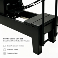 Reformer Pilates en chêne noir finition commerciale, barre de pieds réglable sur 7 niveaux, accessoires complets pour studio de gym