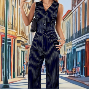 Mono de 2 Piezas para Mujer, sin Mangas, Cuello en V, a Rayas, Ecológico, Transpirable, con Botones al Frente, Pantalones Anchos, Casual, Primavera-Verano - Product Image 2