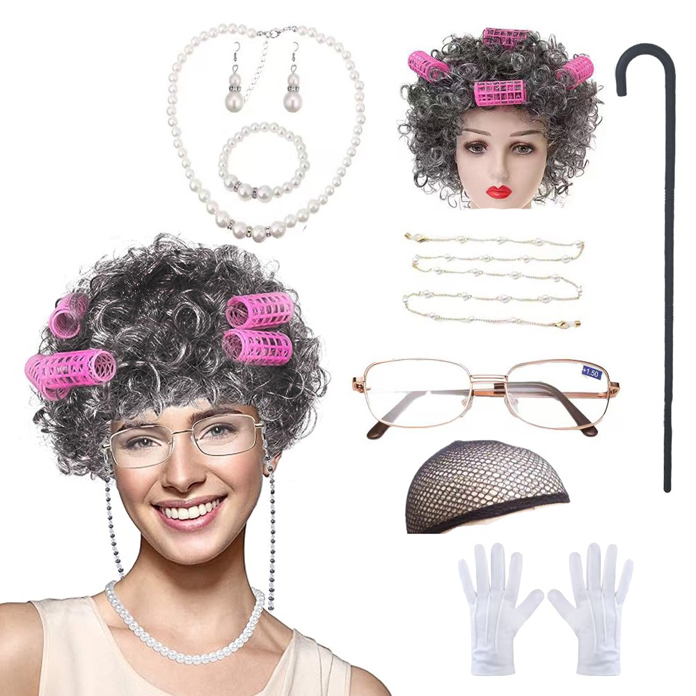 sachin and babi light blue dress Old Lady Wig Costume Set, Gray Hair Granny Wig With Accessories