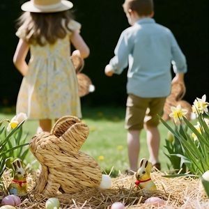 YULIN JIAFU Handmade Bunny Rattan Woven Basket Cute <strong>Small</strong> Rabbit Picnic <strong>Hamper</strong> for Egg Hunt Candy Gifts Flower - Product Image 6