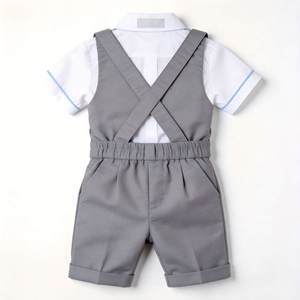 Ensemble de vêtements personnalisés pour <span class=keywords><strong>bébé</strong></span> <span class=keywords><strong>garçon</strong></span>, 3 pièces, cravate, chemise blanche à manches courtes, pantalon gris à bretelles courtes - Ensemble Paul - Product Image 3