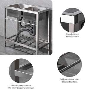 Évier de <span class=keywords><strong>cuisine</strong></span> commercial en acier inoxydable à double bac avec égouttoir, plan de travail intégré et étagère de rangement, lavabos - Product Image 5