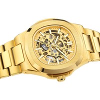 Montre mécanique pour homme, boîtier ouvert, cadran cœur, bracelet en acier inoxydable doré, avant-gardiste