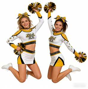 Uniformes <span class=keywords><strong>de</strong></span> Animadoras Atractivos en Blanco y Dorado con Lazo Brillante para Actuaciones Fotográficas - Product Image 4