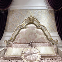 Ensemble de lit en tissu français - Lit double impérial en bois massif européen avec artisanat en coquille, dossier souple pour chambre principale, lit princesse rose