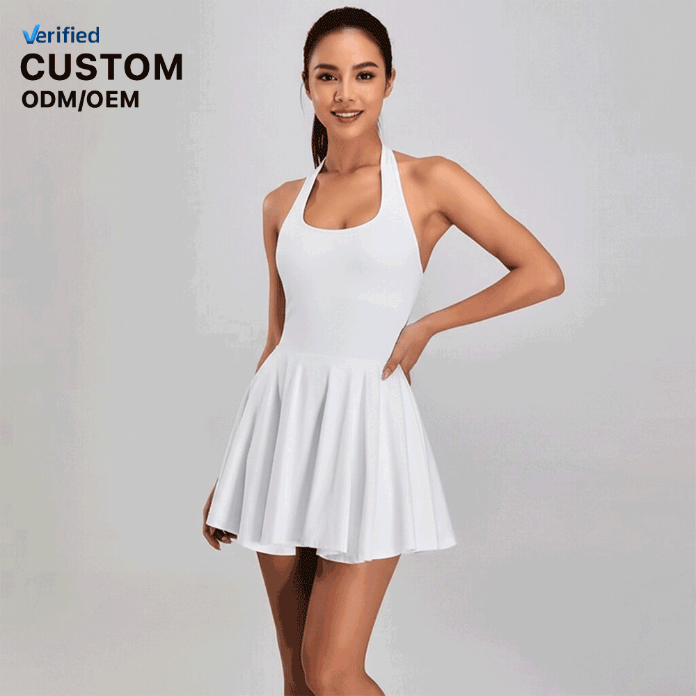 Custom logo Women Quick Dry Sleeveless Tennis Dress Outdoor Sport Gym Dress With Built-in Shorts Yoga Tennis High Elastic Skirt