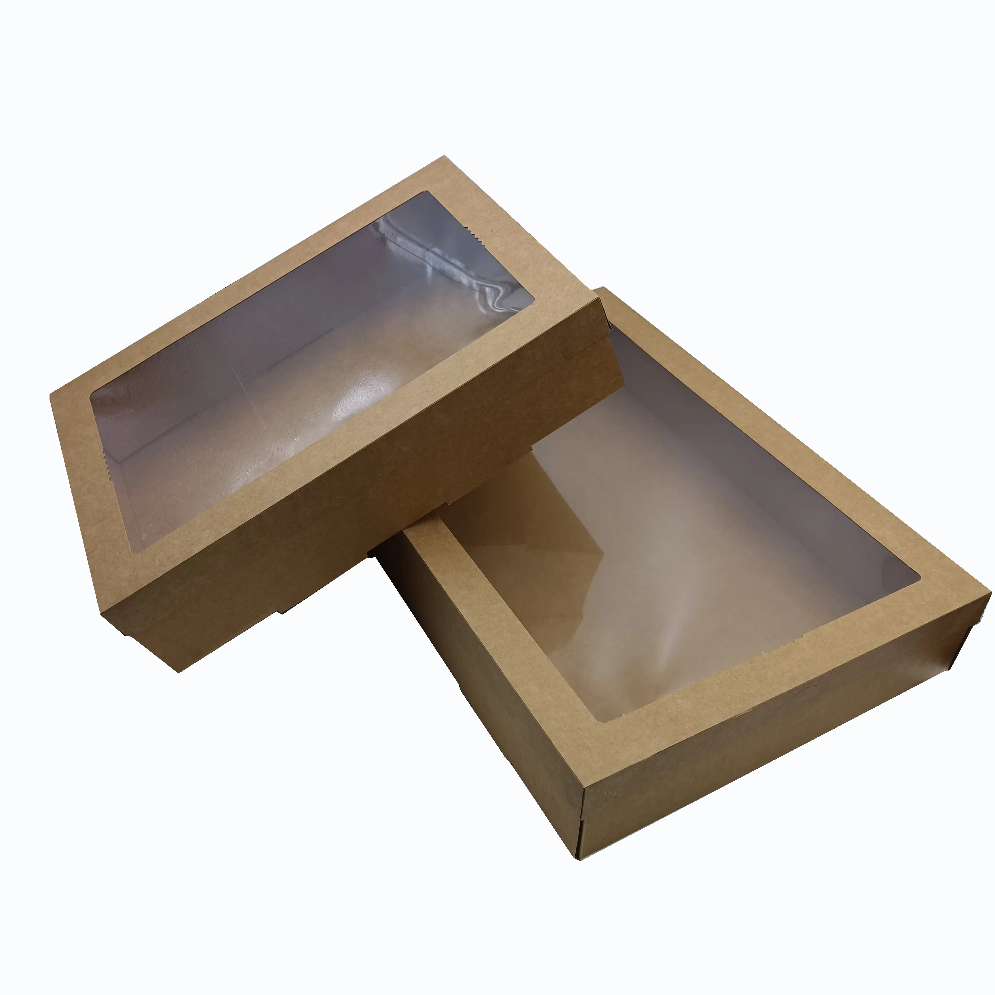 صندوق تعبئة طعام بحجم مخصص صندوق طعام خشبية من ورق مقوى بغطاء شفاف صندوق كعك بجزء شفاف