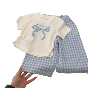 Girls Summer Set Short Sleeve T Shirt Plaid Wide Leg Pants Two Piece Breathable Casual Outfit For Kids - Product Image 5