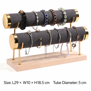 Présentoir à bijoux éco-responsable démontable à un niveau pour bracelets et colliers, base en bois, tube en métal doré et velours, pour comptoir - Vente chaude - Product Image 4