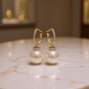 Aros Clásicos de Oro con Perla Cultivada Blanca de Grado AAA, Engaste en Bisel Chapado en Oro de 18K, Joyería de Boda para Mujer - Product Image 2