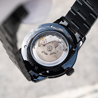 Montre automatique OBLVLO Fashion Luminous Analog Magnifying Skeleton Diamonds 42 mm, bracelet en acier inoxydable noir, étanche VMQ-D