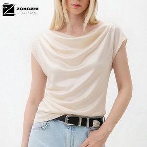 High Quality Breathable Anti-Pilling Luxury <strong>Cream</strong> Satin Crew Neck Cap Sleeve Side Ruched Elegant Office Casual <strong>Tshirt</strong> for Women - Product Image 1