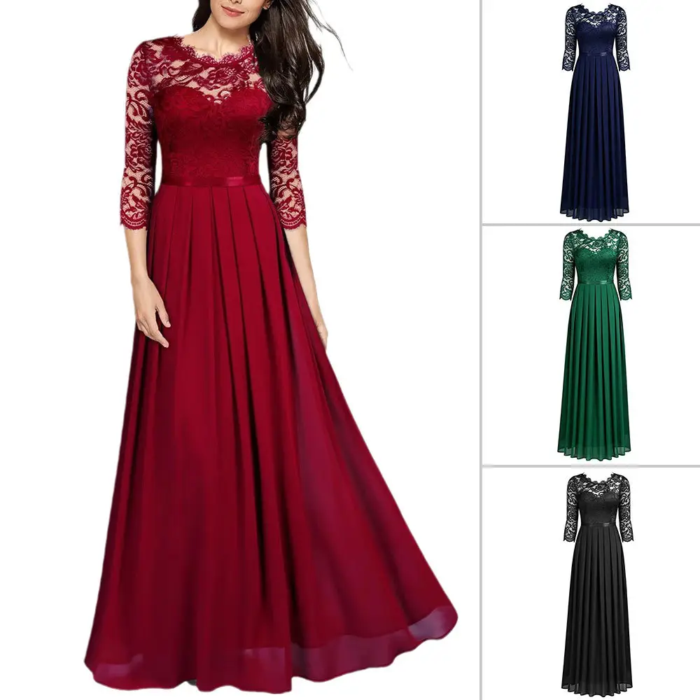 Wholesale Plus Size Evening Party Women Fashion Dress Hollow-out Solid Color Lace Chiffon Patchwork Casual Dress