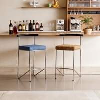 Tabouret de bar moderne en acier inoxydable, style mid-century, dossier incurvé, assise en coton et lin à carreaux, finition miroir, pour la maison, la cuisine, la salle à manger, l'hôtel