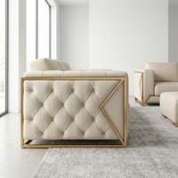 Ensemble de canapés en cuir capitonné blanc avec base en métal doré, canapé de luxe 3+1+1 pour un design d'intérieur moderne