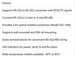 ตัวแปลง RS-232 เป็น RS-422/485 ระดับอุตสาหกรรม MOXA พร้อมตัวเลือกการแยกสัญญาณโฟโตอิเล็กทริก 2 KV รุ่น TCC-100/100I - Product Image 6