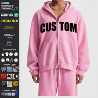 Ensemble sweat à capuche et pantalon de survêtement 370 GSM personnalisé, teint à la cire, avec fermeture éclair intégrale et doublure polaire brossée pour homme, style streetwear, vente en gros
